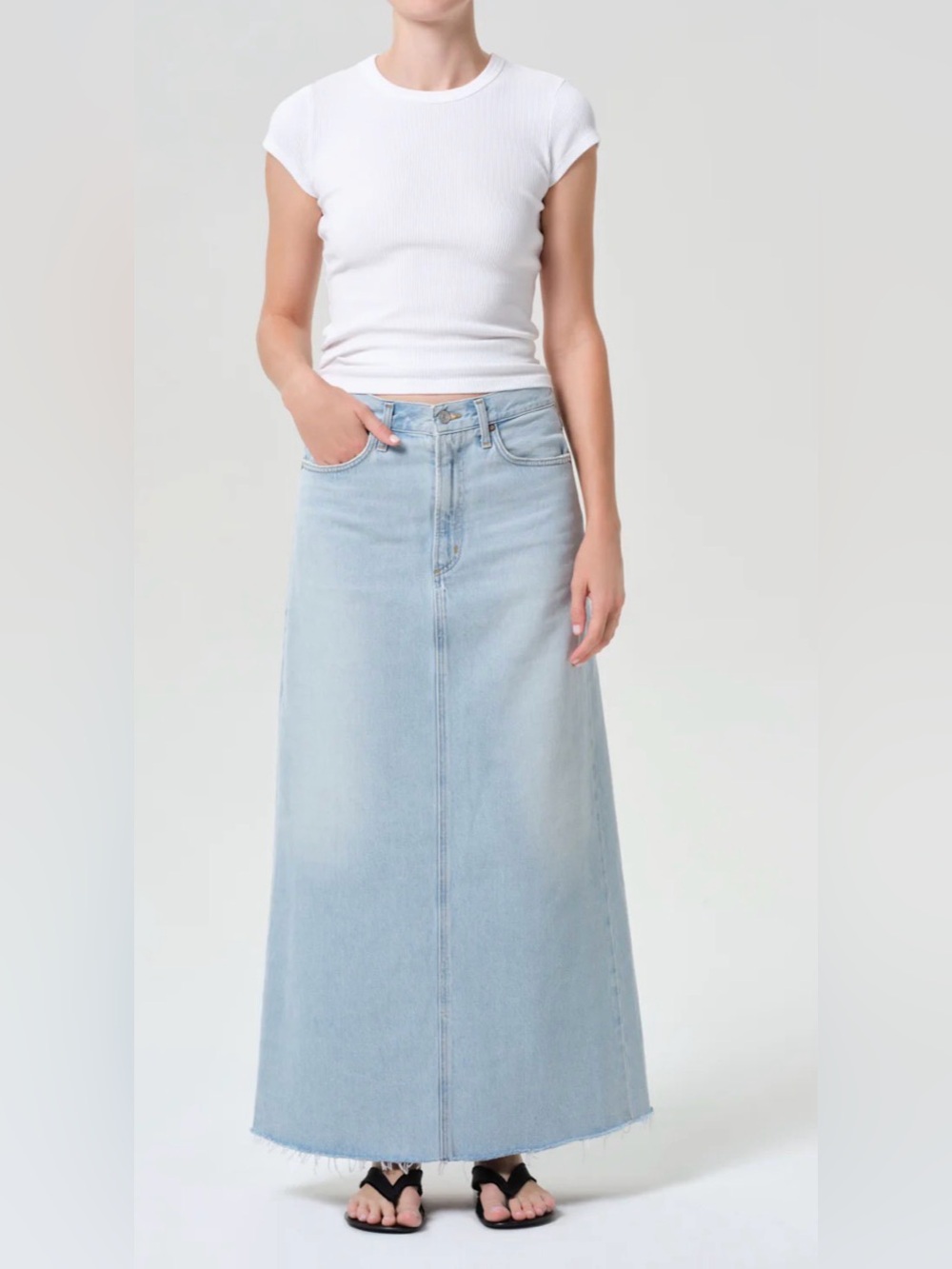 Agolde “Hilla” Light Blue Denim Maxi Skirt with Back Slit, Like New. Size 29